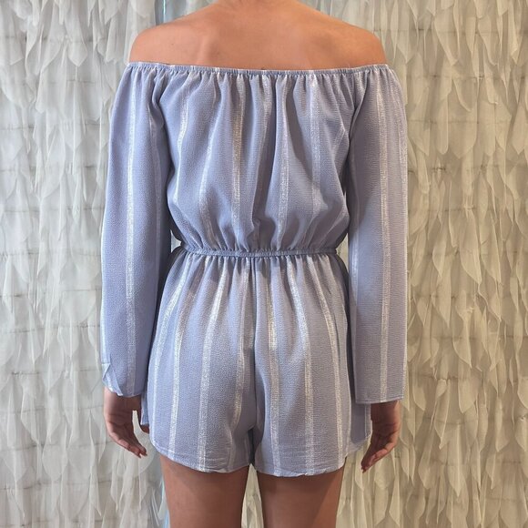 Off-Shoulder Lavender Striped Jumpsuit - Picture 2 of 6